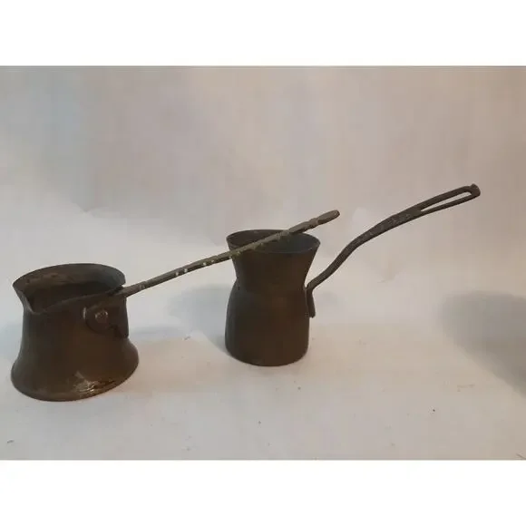 Vintage Brass Copper Turkish Greek Coffee Pots with Handle Lot/3 Cezve Ibrik